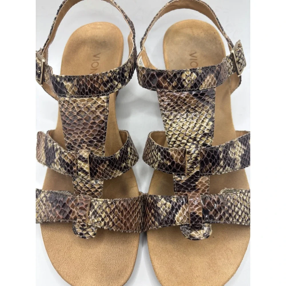Vionic Snakeskin Strappy Wedge Sandals Brown Animal Print Orthotic Womens 9 Wide